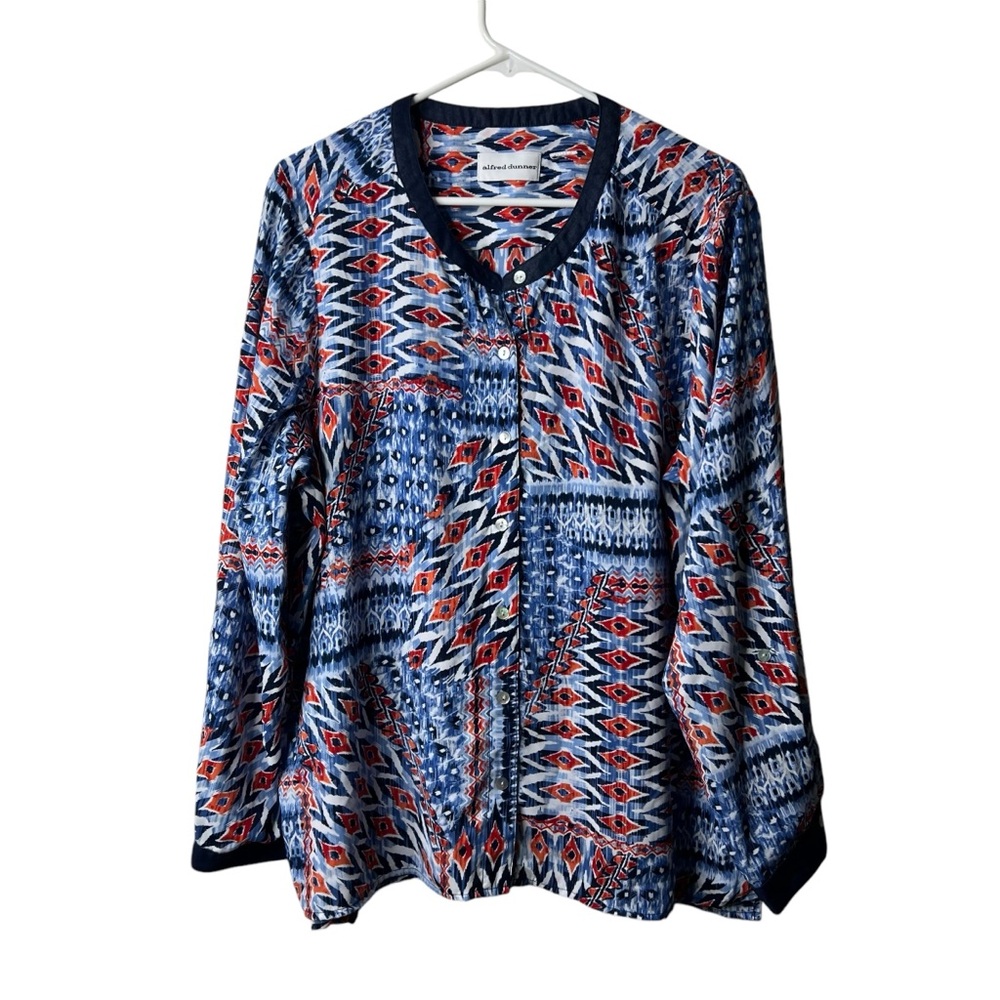 Alfred Dunner Red White Blue Ikat Button Front Blouse